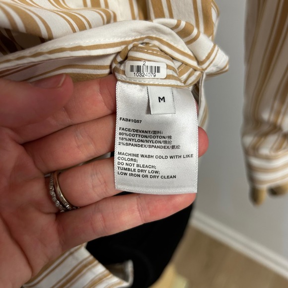 Lafayette 148 New York Tan White Striped Button Down Shirt Blouse M FAB#1Q57 - Picture 6 of 7